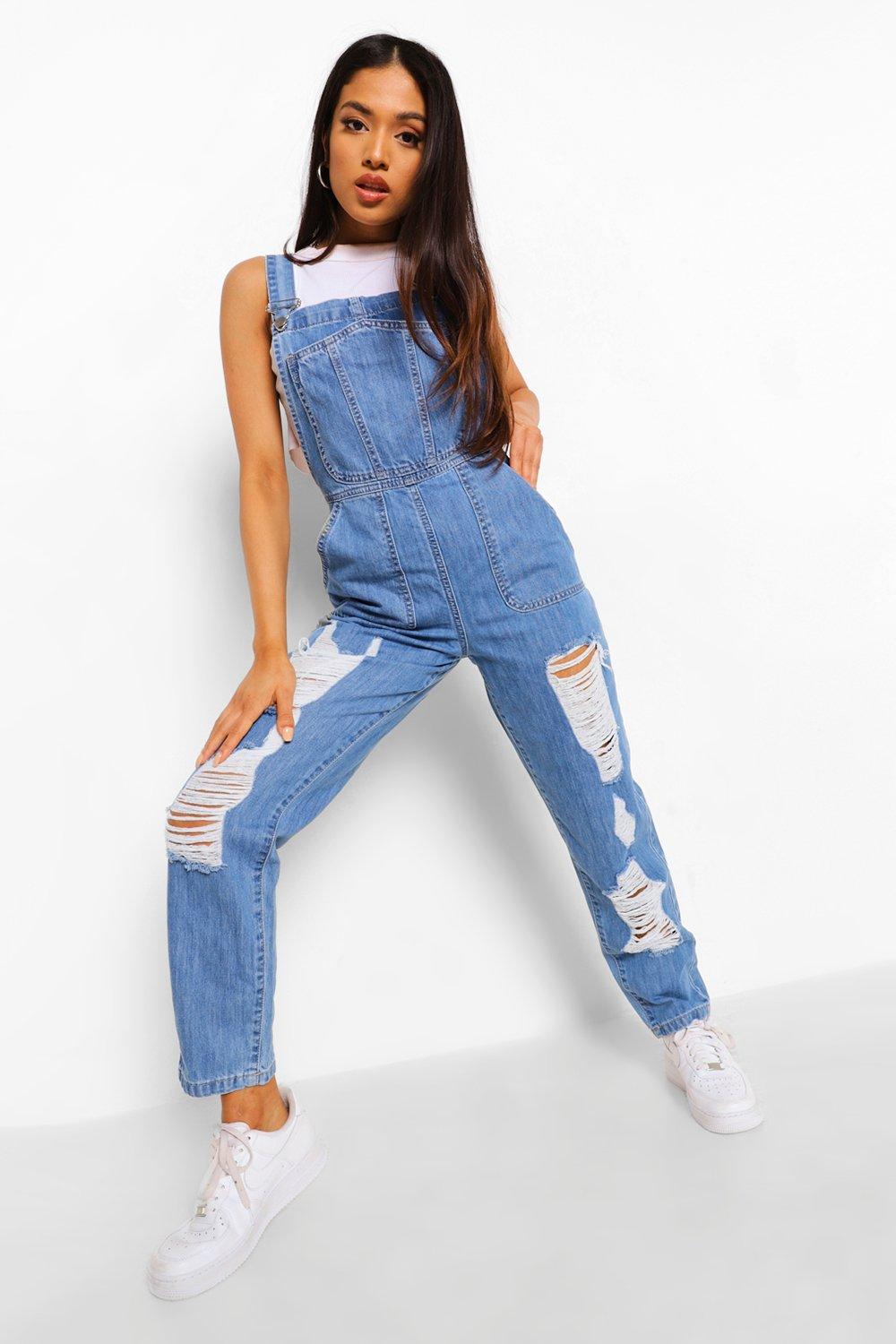 Petite Distressed Denim Dungarees boohoo UK